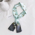 Élégante écharpe étroite en soie vert menthe et gris foncé avec motifs floraux vintage - 11 Herbe Blanche Bleu Clair