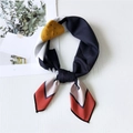 Silk square scarf with navy blue and yellow geometric patterns on a white background - 5 Double Daisy Black