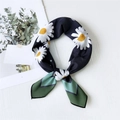 Elegant black silk scarf with white daisy print and green geometric color block accents - 10 Starry Daisy Black