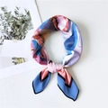 Silk square scarf with blue and pink abstract artistic print tied in a bow - 14 Dolphin Bay