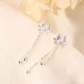 Bow hollow earrings with long double chain tassels and silver bead drops for women - Silver Bow Tassel Style (A208)