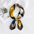 Silk-like square scarf with geometric patchwork in yellow, blue and orange - Geometric Brown Edge