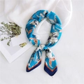 Elegant bright blue satin square scarf with white floral patterns and navy trim border - Sea Blue Fengdan Floral