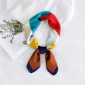 70cm satin square scarf featuring multi-color geometric block print in silk-like finish - Navy Chevron Edge