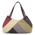 Bolso tote de lona multicolor con correas de cuero marrón y detalles de remaches - Gris