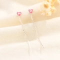 Pendientes largos de borla de corazón plateado con colgante rosa y detalle de lazo en lino - Estilo de Lazo de Corazón Rosa (A226)