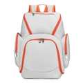 Zaino fitness grigio chiaro con spallacci arancioni e scomparti multipli su sfondo bianco - Mix Bianco-Arancione