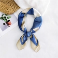 70cm square silk scarf with navy and beige geometric color blocks in a bow style - Khaki Triangle Patchwork
