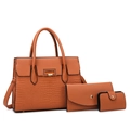 Brown faux leather 3-piece tote bag set with embossed textures and gold buckle detail - Brown Set