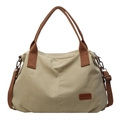 Large beige canvas tote bag with brown handles and adjustable shoulder strap for women - Khaki