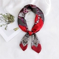 Silk feel square scarf featuring red and grey vintage crest pattern on white backdrop - Wine Red Equestrian Print