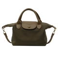Army green nylon dumpling bag with brown leather handles and adjustable shoulder strap - Dark Green