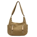 Grande borsa a tracolla in tela kaki stile vintage con doppia cerniera frontale - Cachi