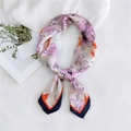 Elegant beige floral silk square scarf with purple blooms and contrasting hem - Pink Fengdan Floral