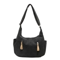 Grande borsa a tracolla in tela nera con tiranti in pelle marrone e tasche laterali - Nero