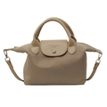 Borsa dumpling beige in tessuto oxford con manici marroni e tracolla regolabile - Cachi