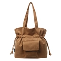 Dark brown corduroy tote bag with drawstring closure and large front pocket - Brown