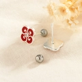 New Chinese style auspicious cloud stud earrings with red enamel and clover design - Platinum Silver (C293)