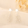 Silver star earrings with multi-layer chain tassels on a textured beige fabric background - Star Tassel Style (A230)