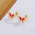 Pendientes de mariposa de esmalte y plata S925 dorada con detalles en rojo y rosa suave - Dorado