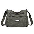 Front view of a sage green multi-pocket crossbody bag with tassel zippers on white background - Gray