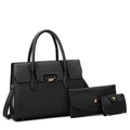 Three-piece black embossed tote bag set including handbag, clutch and card holder - Black Set