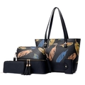 Schwarzes 4er-Set Shopper aus Narbenleder mit buntem Federmuster und Quasten - 4-teiliges Set / Schwarz