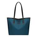Grande borsa tote blu pavone scuro con manici in pelle nera ed etichetta del marchio - Blu