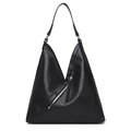 Minimalist black triangular tote bag in matte PU leather with decorative metal zipper detail - Black