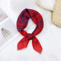 Red cotton linen square scarf with blue star and letter print tied in a loop - 6 Cotton Sincere Heart Red