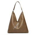 Vintage brown leather tote bag with lychee texture and diagonal silver zipper detail - Khaki