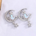 Minimalist cat moon stud earrings with sparkling zirconia and opal stone pendant - Cat Moon Star Style (XP15)