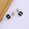 S925 silver four-leaf clover stud earrings with black enamel and screw back ball - Silver (Black Enamel)
