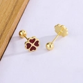 Red four-leaf clover stud earrings in gold plating with secure screw back ball closure - Gold (Red Enamel)