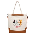 Grande borsa tote in tela con gatti e tracolla marrone regolabile, design spazioso - Bianco Sporco