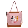 Borsa tote in tela rosa con stampe di gatti cartone e tracolla marrone regolabile - Rosa