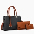 3-piece set featuring dark grey tote bag with brown handles, clutch, and card holder - Black Set