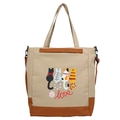 Borsa tote in tela con stampe di gatti carini e finiture arancioni con tracolla lunga - Cachi