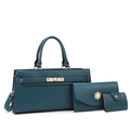 Deep lake blue 3-piece bag set with large tote, clutch, and card holder in litchi grain - Blue Set