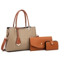 Three-piece tote bag set in khaki and caramel faux leather with pebbled texture - Khaki Set