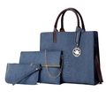 Blue denim tote bag set with leather trim including clutch and small coin purse - Dark Blue