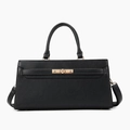 Classic black pebble leather tote bag with gold metal twist lock and shoulder strap - Black Single Bag