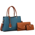 Three-piece women handbag set including peacock blue tote, brown wallet and small pouch - Blue Set