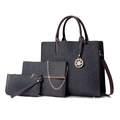Three-piece large capacity tote bag set in grey denim texture with brown leather straps - Black