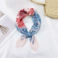 Pink cotton-linen small square scarf with abstract city map print in a stylish bow knot - 25 Cotton Steed City Red Blue