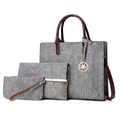 Three-piece grey tweed tote set with brown leather straps and metallic leaf charm - Gray