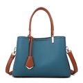 Peacock blue leather tote bag with caramel brown handles and a matching shoulder strap - Blue Single Bag