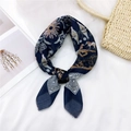 Dark blue printed cotton linen square scarf with floral and bird patterns in a knot - 3 Cotton Animal Council Navy