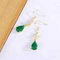 Vintage gold teardrop earrings with green chalcedony and square white zircon stones - Gold
