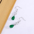Vintage teardrop green chalcedony hook earrings with square cubic zirconia stone - White Gold